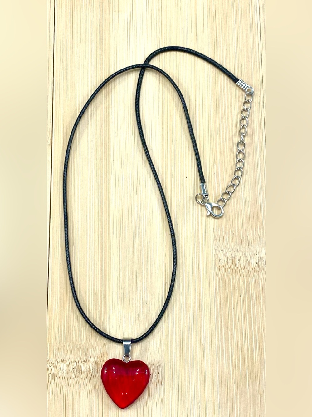 Red Heart Pendant Necklace on Black Cord